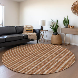 HomeRoots 8' Terra Cotta & Beige Striped Round Rug - Washable, UV Protected, Stain Resistant for Easy Care 673900