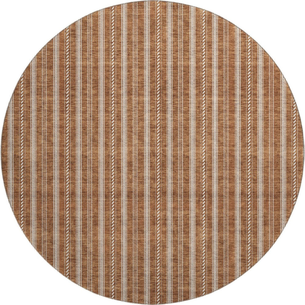 HomeRoots 8' Terra Cotta & Beige Striped Round Rug - Washable, UV Protected, Stain Resistant for Easy Care 673900