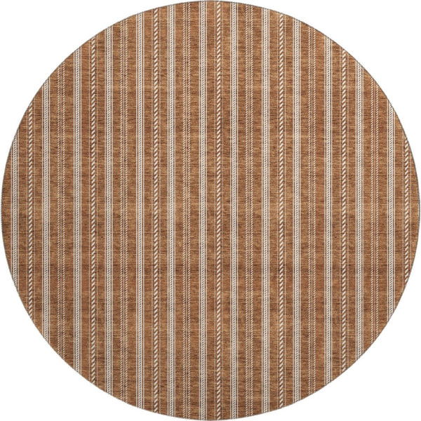 HomeRoots 8' Terra Cotta & Beige Striped Round Rug - Washable, UV Protected, Stain Resistant for Easy Care 673900