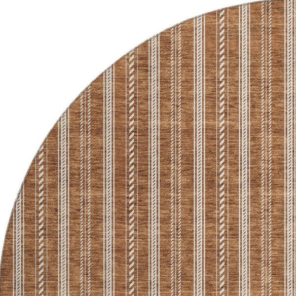 HomeRoots 8' Terra Cotta & Beige Striped Round Rug - Washable, UV Protected, Stain Resistant for Easy Care 673900