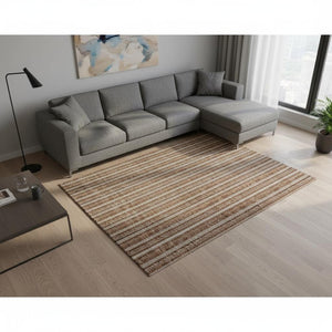 HomeRoots 8' X 10' Terra Cotta & Beige Striped Area Rug – Washable, UV Protected, Durable for Homes with Pets 673901