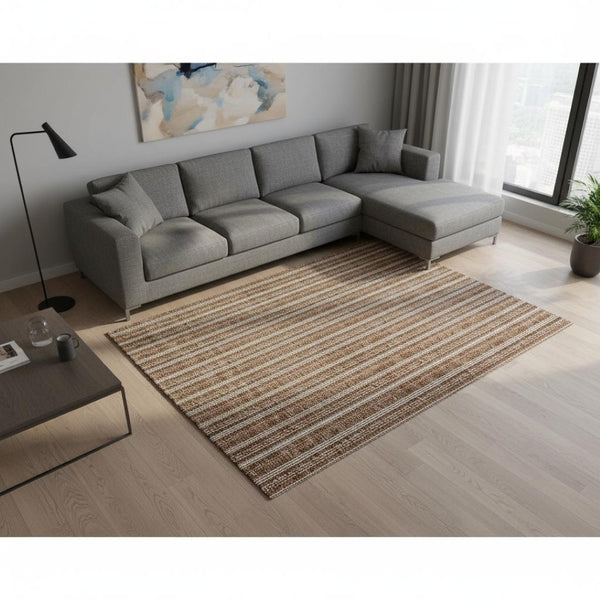 HomeRoots 8' X 10' Terra Cotta & Beige Striped Area Rug – Washable, UV Protected, Durable for Homes with Pets 673901