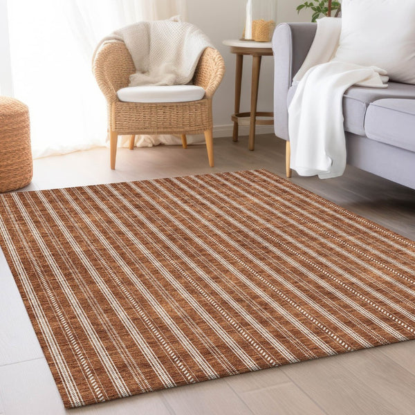 HomeRoots 8' X 10' Terra Cotta & Beige Striped Area Rug – Washable, UV Protected, Durable for Homes with Pets 673901