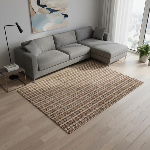 HomeRoots 9' X 12' Stylish Terra Cotta & Beige Striped Washable Area Rug with UV Protection for Any Space 673902