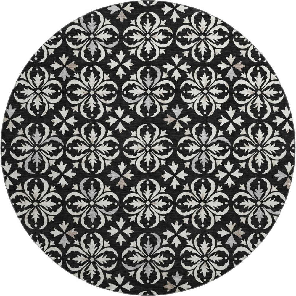 HomeRoots 8' Elegant Black and Ivory Floral Round Rug - Washable, UV Protected, Durable for Indoor & Outdoor Use 673906