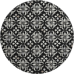 HomeRoots 8' Elegant Black and Ivory Floral Round Rug - Washable, UV Protected, Durable for Indoor & Outdoor Use 673906