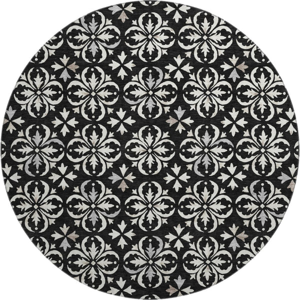 HomeRoots 8' Elegant Black and Ivory Floral Round Rug - Washable, UV Protected, Durable for Indoor & Outdoor Use 673906