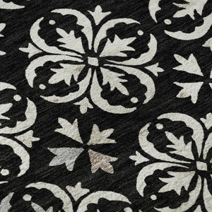HomeRoots 8' Elegant Black and Ivory Floral Round Rug - Washable, UV Protected, Durable for Indoor & Outdoor Use 673906
