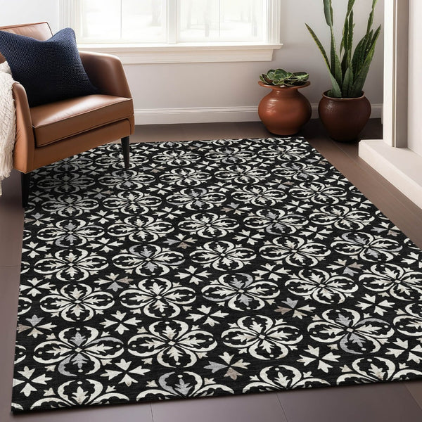HomeRoots 8' X 10' Black And Ivory Floral Area Rug - Stylish, Washable, UV-Protected for High-Traffic Spaces 673907