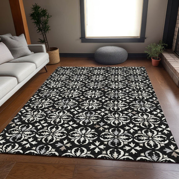 HomeRoots 8' X 10' Black And Ivory Floral Area Rug - Stylish, Washable, UV-Protected for High-Traffic Spaces 673907