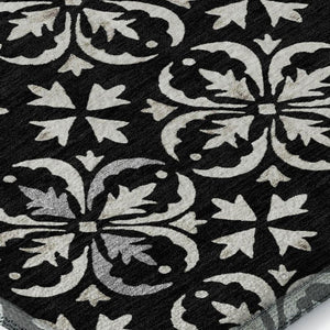 HomeRoots 9' X 12' Black And Ivory Floral Area Rug – Stylish, Washable, UV Protected, Perfect for Family Spaces! 673908