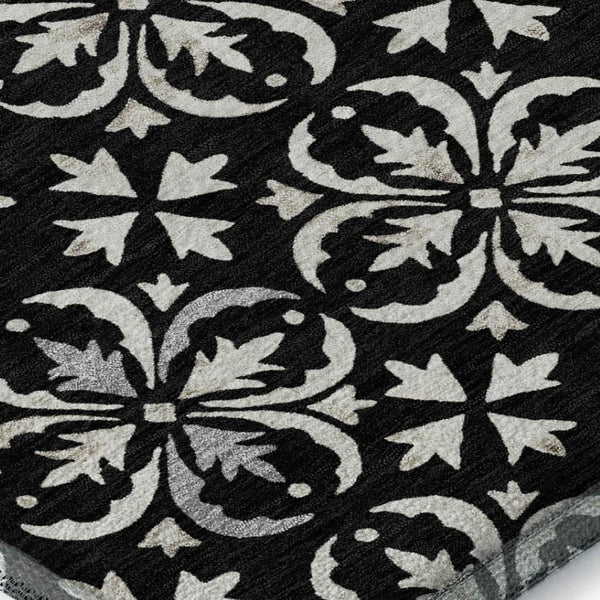 HomeRoots 9' X 12' Black And Ivory Floral Area Rug – Stylish, Washable, UV Protected, Perfect for Family Spaces! 673908