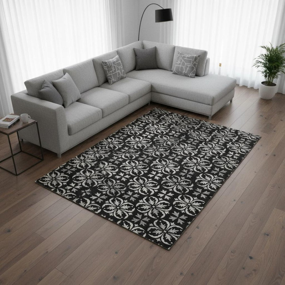 HomeRoots 10' X 14' Elegant Black and Ivory Floral Washable Area Rug with UV Protection for Busy Homes 673909