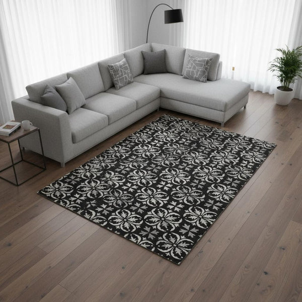 HomeRoots 10' X 14' Elegant Black and Ivory Floral Washable Area Rug with UV Protection for Busy Homes 673909