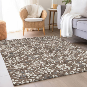 HomeRoots 5' X 8' Brown and Ivory Floral Area Rug – Washable, Stain-Resistant, UV Protected for Everyday Elegance 673911