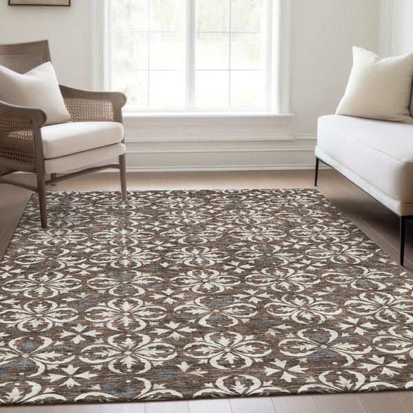 HomeRoots 5' X 8' Brown and Ivory Floral Area Rug – Washable, Stain-Resistant, UV Protected for Everyday Elegance 673911