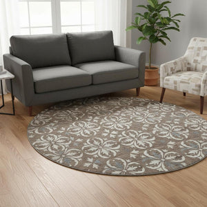 HomeRoots 8' Brown And Ivory Floral Round Rug - Washable, UV Protected, Durable for High-Traffic Areas & Homes 673912