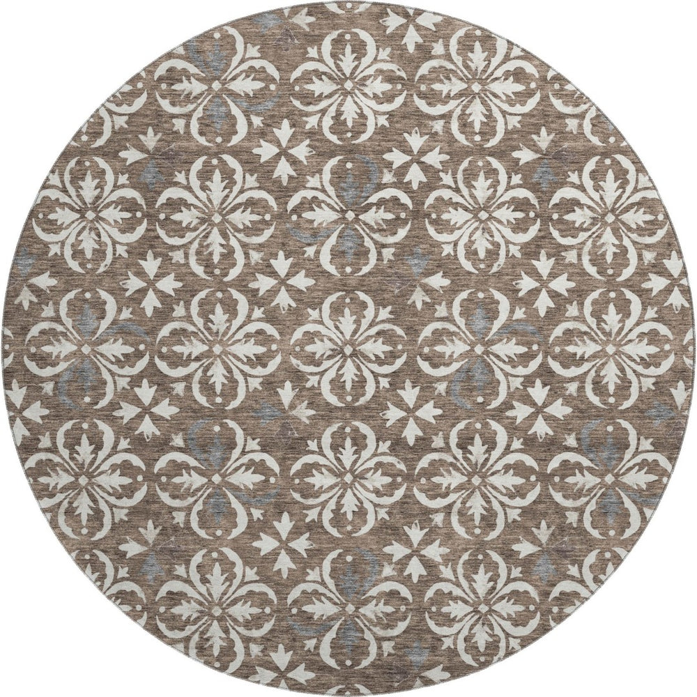 HomeRoots 8' Brown And Ivory Floral Round Rug - Washable, UV Protected, Durable for High-Traffic Areas & Homes 673912
