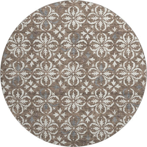HomeRoots 8' Brown And Ivory Floral Round Rug - Washable, UV Protected, Durable for High-Traffic Areas & Homes 673912