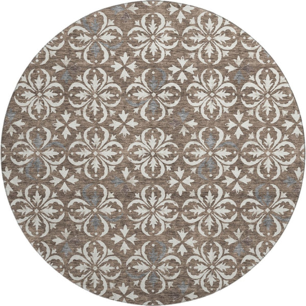HomeRoots 8' Brown And Ivory Floral Round Rug - Washable, UV Protected, Durable for High-Traffic Areas & Homes 673912