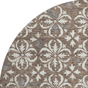 HomeRoots 8' Brown And Ivory Floral Round Rug - Washable, UV Protected, Durable for High-Traffic Areas & Homes 673912