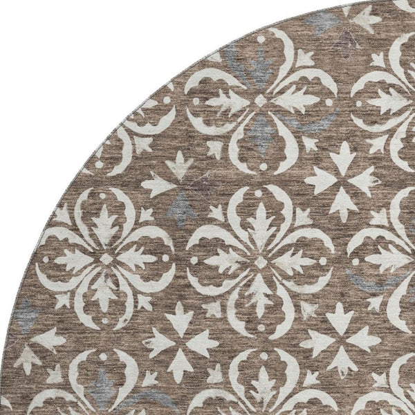 HomeRoots 8' Brown And Ivory Floral Round Rug - Washable, UV Protected, Durable for High-Traffic Areas & Homes 673912