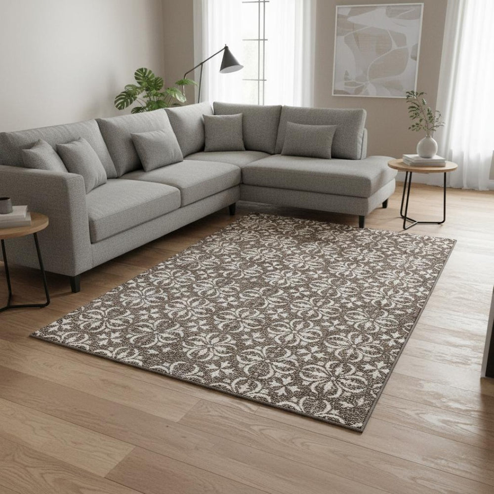 HomeRoots 8' X 10' Brown And Ivory Floral Area Rug - Washable, UV Protected, Stain Resistant for Busy Homes 673913