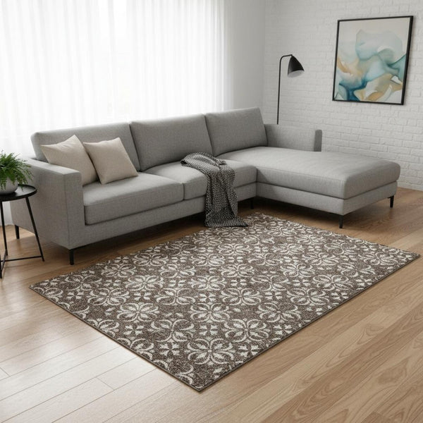 HomeRoots 9' X 12' Brown and Ivory Floral Area Rug - Durable, Washable, UV-Protected, Perfect for Homes! 673914