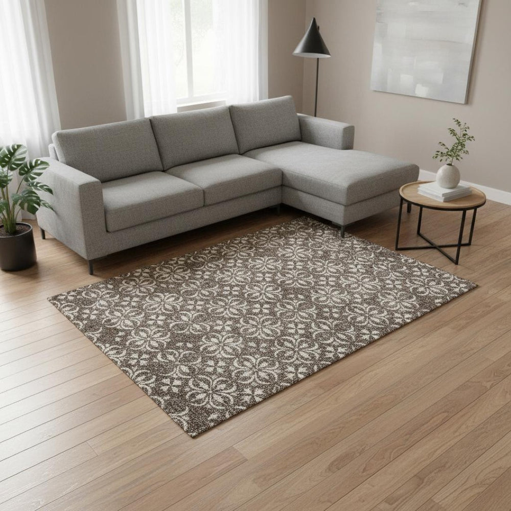 HomeRoots 10' Brown and Ivory Floral Washable Area Rug - Stylish, UV Protected, Perfect for High-Traffic Spaces! 673915