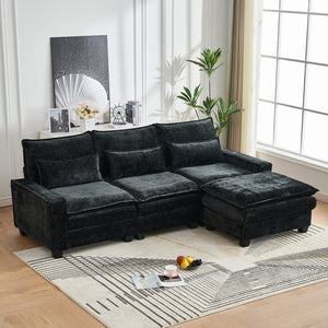 English Elm 99'' Sectional Cloud Deep Seat Couch - Plush Chenille 4-Seat L-Shaped Sofa with Movable Ottoman, Stain-Resistant Comfort and Ergonomic Lumbar Support Black W3373S00024