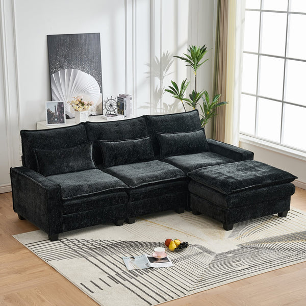 English Elm 99'' Sectional Cloud Deep Seat Couch - Plush Chenille 4-Seat L-Shaped Sofa with Movable Ottoman, Stain-Resistant Comfort and Ergonomic Lumbar Support Black W3373S00024