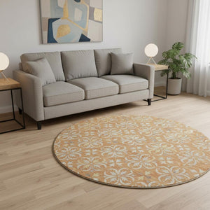 HomeRoots 8' Copper and Beige Floral Washable Round Rug – Durable, UV-Protected, Ideal for Homes with Kids & Pets 673918