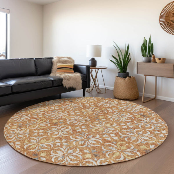 HomeRoots 8' Copper and Beige Floral Washable Round Rug – Durable, UV-Protected, Ideal for Homes with Kids & Pets 673918