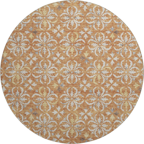 HomeRoots 8' Copper and Beige Floral Washable Round Rug – Durable, UV-Protected, Ideal for Homes with Kids & Pets 673918