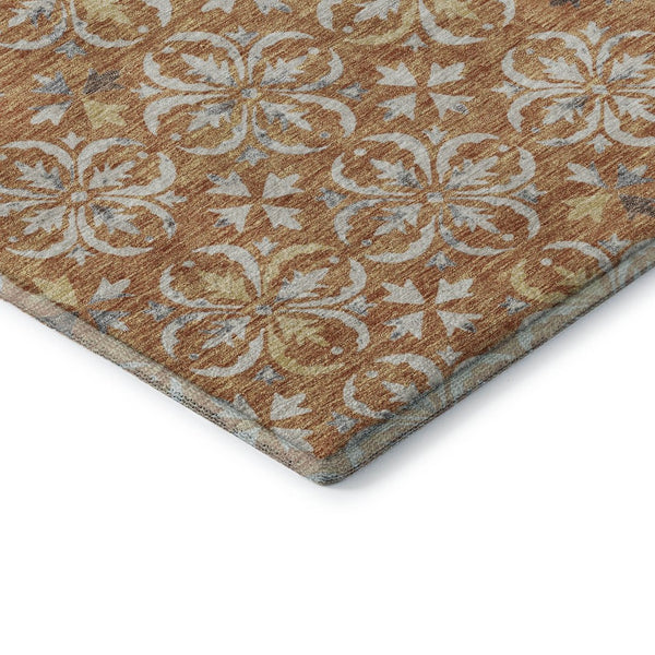 HomeRoots 8' Copper and Beige Floral Washable Round Rug – Durable, UV-Protected, Ideal for Homes with Kids & Pets 673918