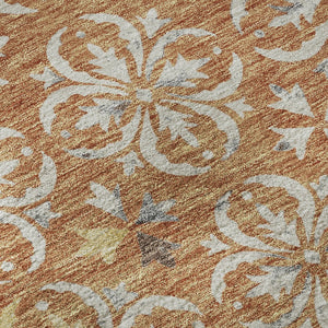 HomeRoots 8' Copper and Beige Floral Washable Round Rug – Durable, UV-Protected, Ideal for Homes with Kids & Pets 673918