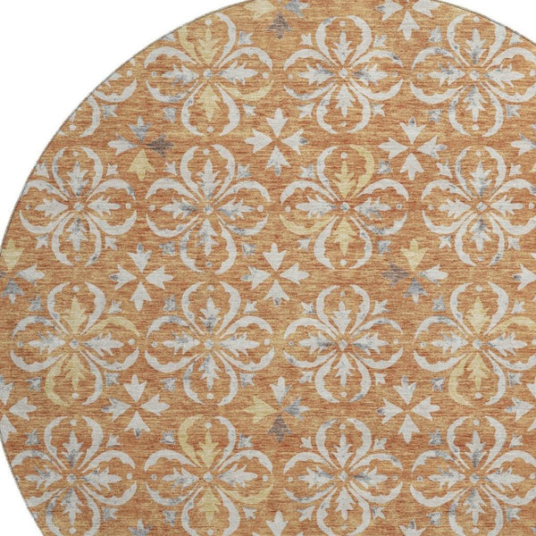 HomeRoots 8' Copper and Beige Floral Washable Round Rug – Durable, UV-Protected, Ideal for Homes with Kids & Pets 673918