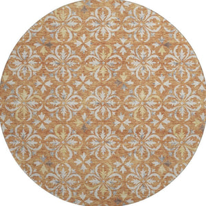 HomeRoots 8' Copper and Beige Floral Washable Round Rug – Durable, UV-Protected, Ideal for Homes with Kids & Pets 673918