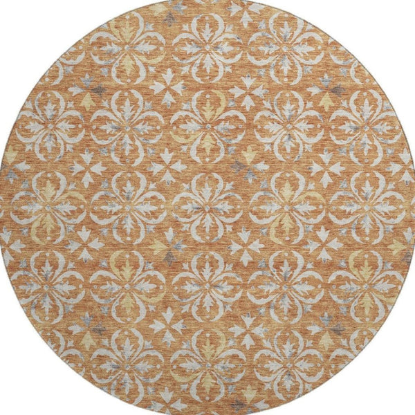 HomeRoots 8' Copper and Beige Floral Washable Round Rug – Durable, UV-Protected, Ideal for Homes with Kids & Pets 673918