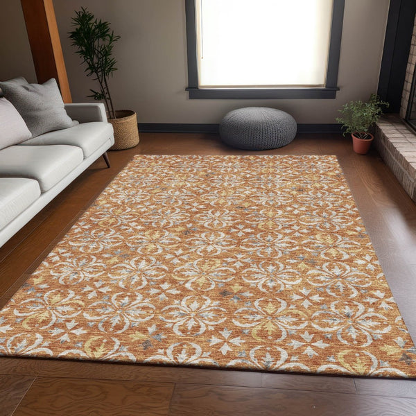 HomeRoots 8' X 10' Copper & Beige Floral Washable Area Rug - Durable, UV-Protected, Perfect for High-Traffic Spaces! 673919