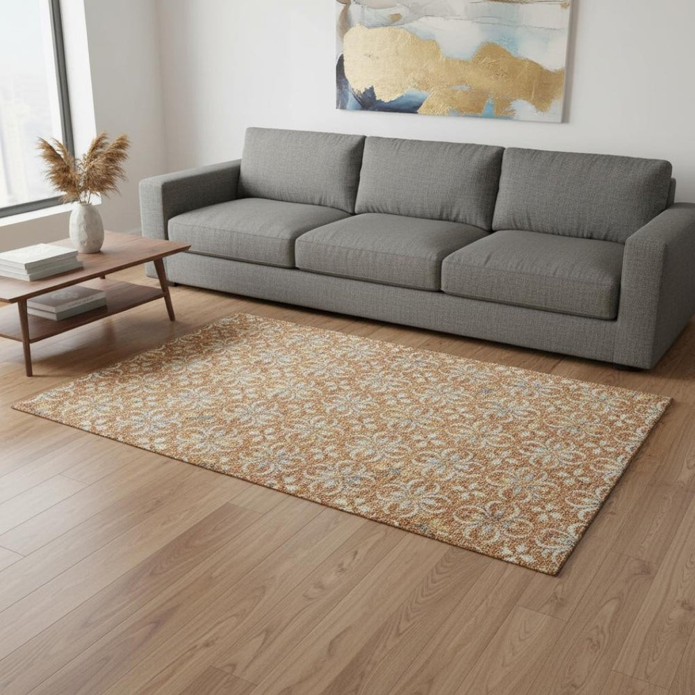 HomeRoots 9' X 12' Copper & Beige Floral Washable Area Rug - UV Protected, Easy Care, Perfect for High-Traffic Spaces 673920