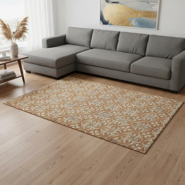 HomeRoots 10' X 14' Copper & Beige Floral Area Rug - Washable, UV-Protected, Stain-Resistant for Family Spaces 673921