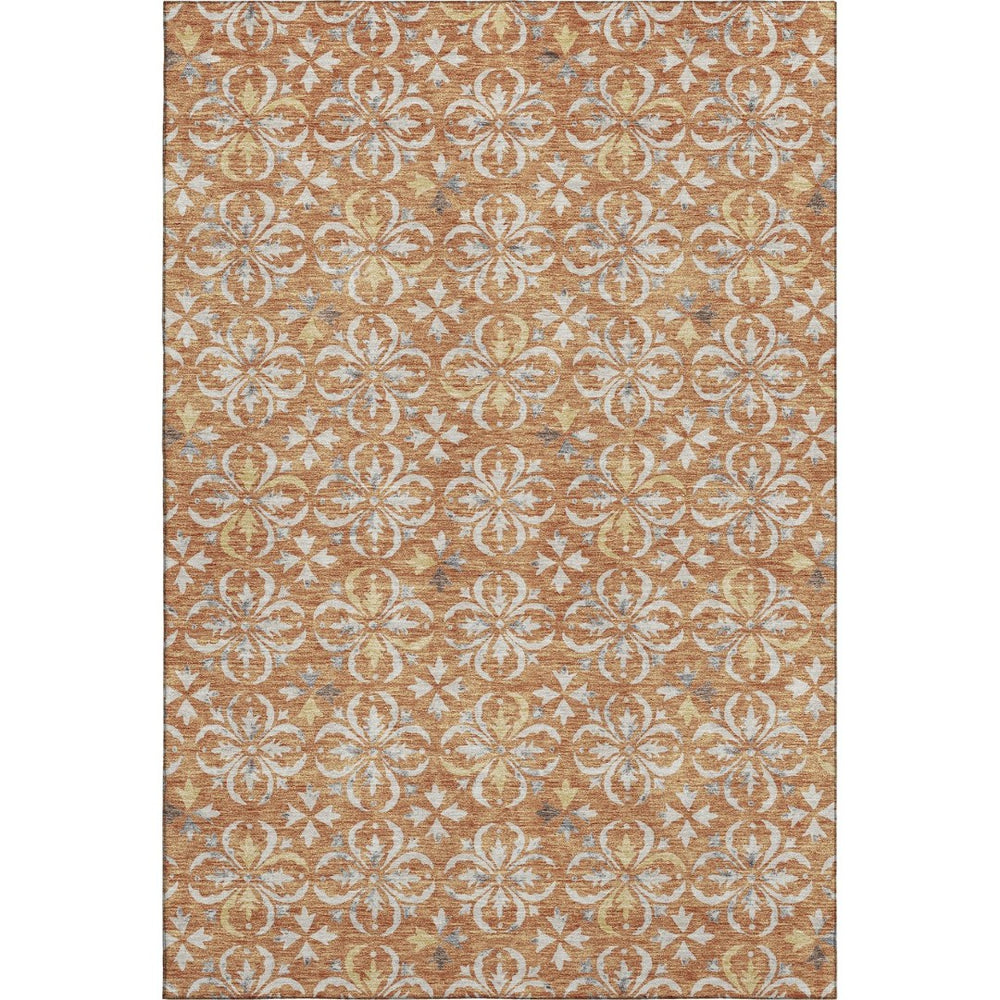 HomeRoots 10' X 14' Copper & Beige Floral Area Rug - Washable, UV-Protected, Stain-Resistant for Family Spaces 673921