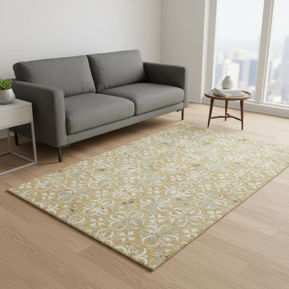 HomeRoots 5' X 8' Elegant Gold and Gray Floral Area Rug - Durable, Washable with UV Protection for Home Style 673923
