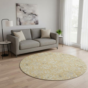 HomeRoots 8' Gold and Gray Floral Washable Round Rug - UV Protected, Durable, Pet-Friendly, and Stylish Design 673924