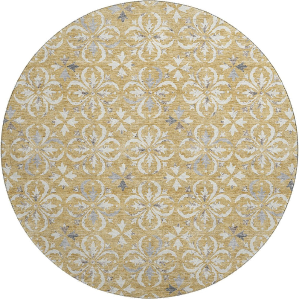 HomeRoots 8' Gold and Gray Floral Washable Round Rug - UV Protected, Durable, Pet-Friendly, and Stylish Design 673924