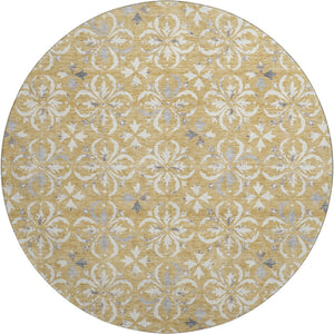 HomeRoots 8' Gold and Gray Floral Washable Round Rug - UV Protected, Durable, Pet-Friendly, and Stylish Design 673924