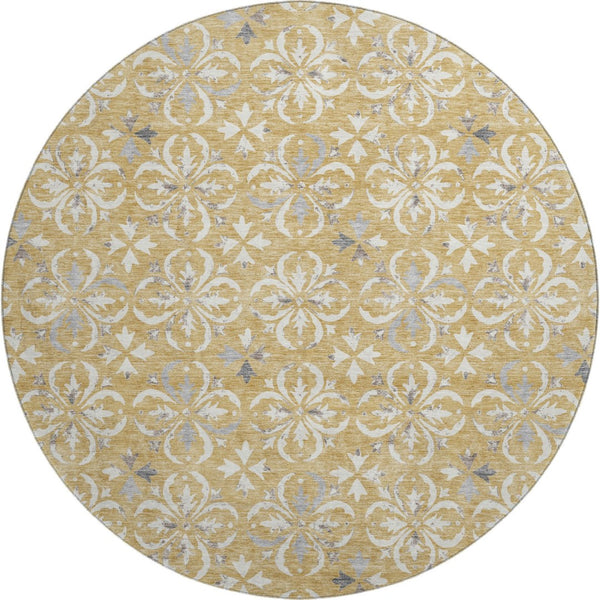 HomeRoots 8' Gold and Gray Floral Washable Round Rug - UV Protected, Durable, Pet-Friendly, and Stylish Design 673924