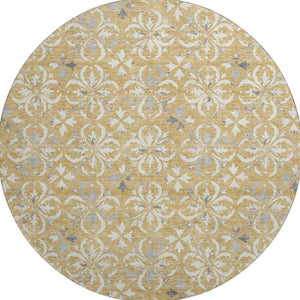 HomeRoots 8' Gold and Gray Floral Washable Round Rug - UV Protected, Durable, Pet-Friendly, and Stylish Design 673924