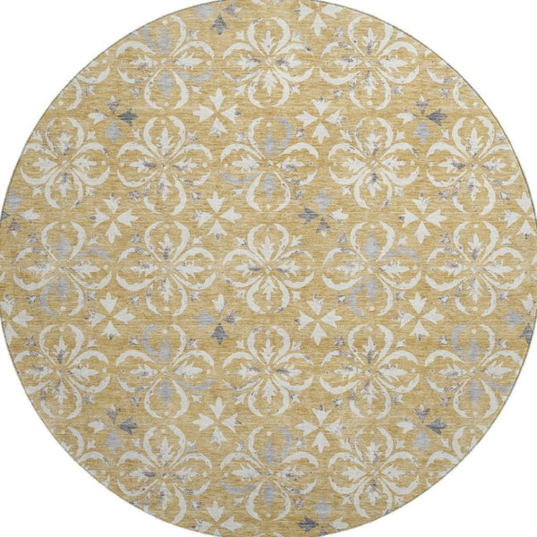 HomeRoots 8' Gold and Gray Floral Washable Round Rug - UV Protected, Durable, Pet-Friendly, and Stylish Design 673924